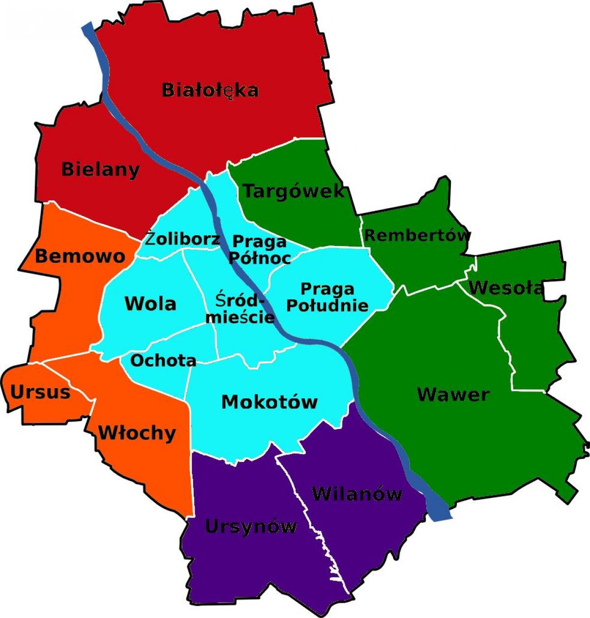 Mappa di Varsavia distretti 