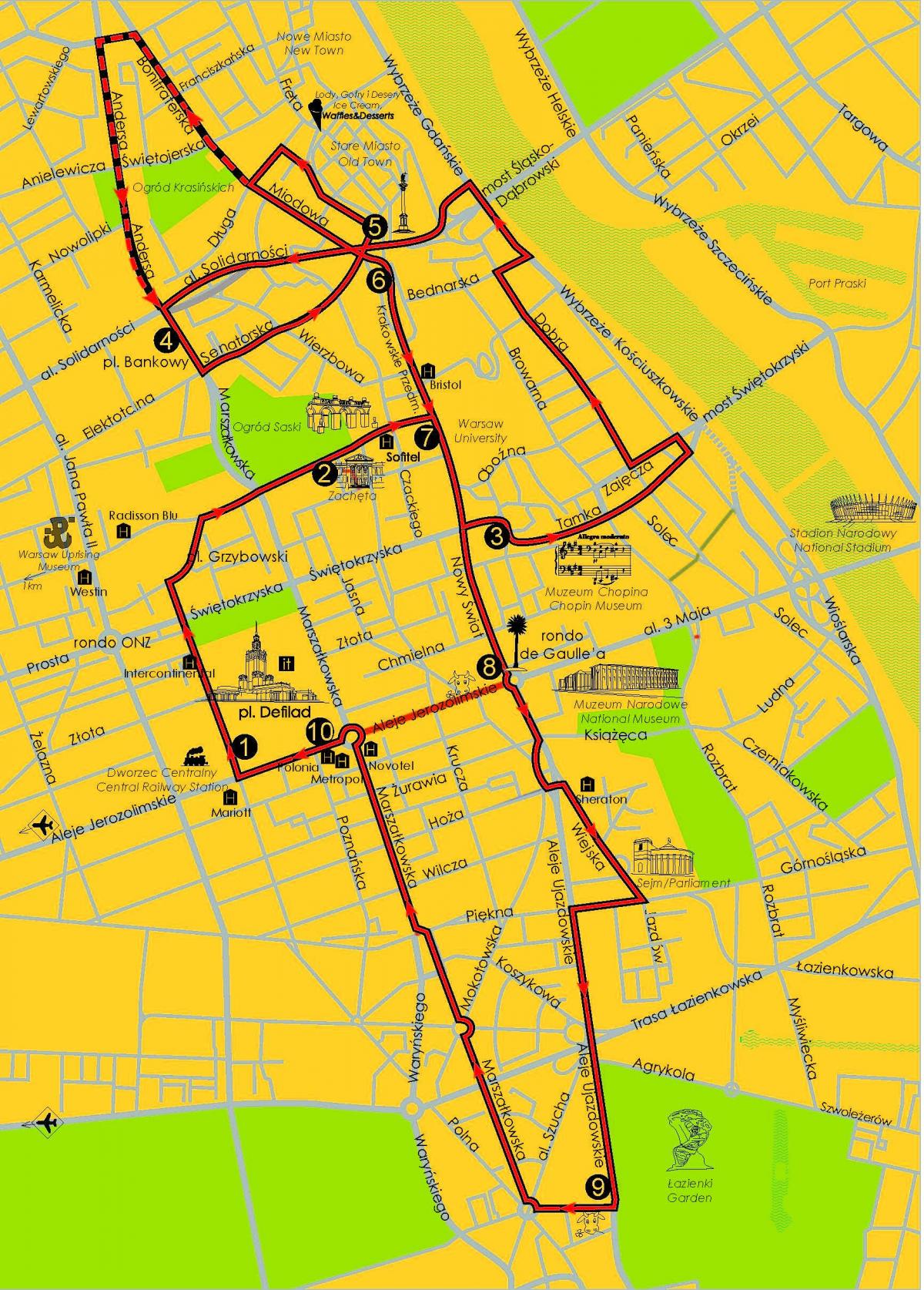 Mappa di Varsavia hop on hop off bus 