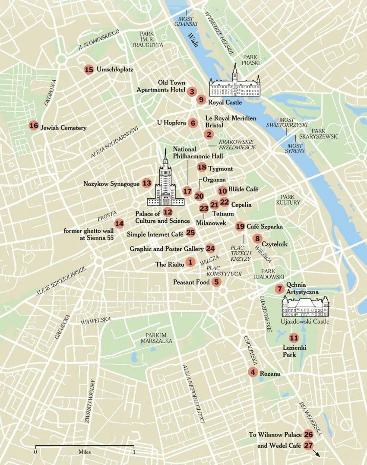 mappa di Varsavia, con attrazioni turistiche